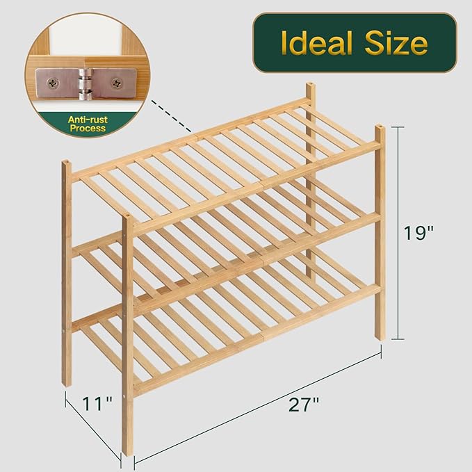 Z&L HOUSE 3-Tier Shoe Rack for Closet, Stackable Shoes Rack Organizer Free Standing Shoe Shelf for Entryway and Closet Hallway, Multifunctional Bamboo Rack in Different Combinations (3-Tier) - Image 3