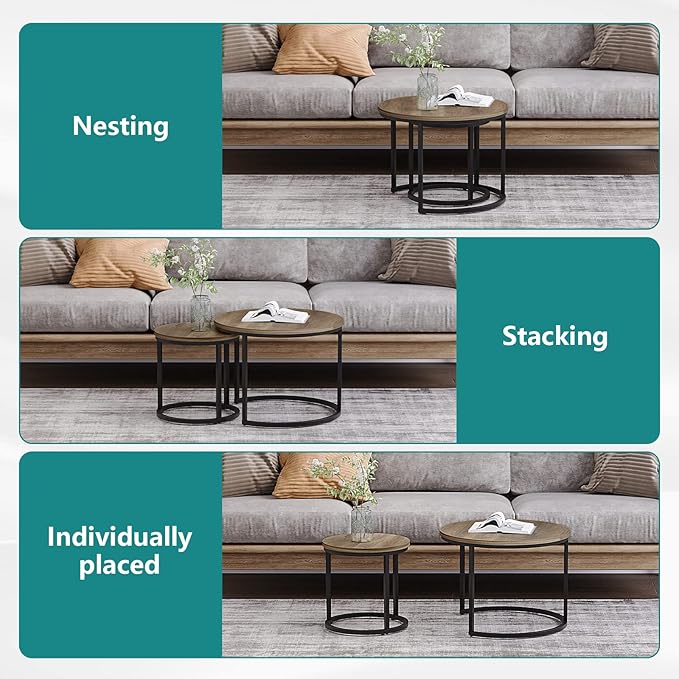 Smuxee Nesting Coffee Table Set of 2, 23.6" Round Coffee Table Wood Grain Top with Adjustable Non-Slip Feet, Industrial End Table Side Tables for Living Room Bedroom Balcony Yard - Image 4