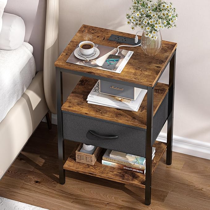 SUPERJARE Nightstand with Charging Station, Bed Side Table with Adjustable Fabric Drawer, Night Stand for Bedroom, 3-Tier Storage End Table, for Living Room, Rustic Brown and Black - Image 2